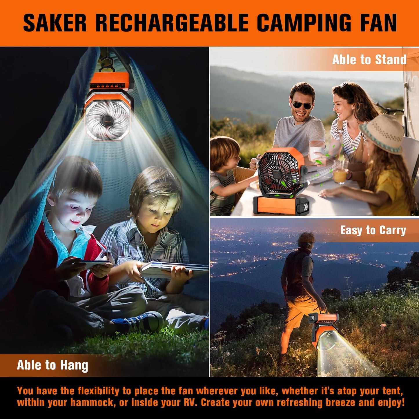 Saker Rechargeable Camping Fan-20000mAh Battery Powered Tent Fans with Hanging Hook,LED Lantern,Auto-Oscillating,Quiet Portable Ceiling Table Fan for Car Travel RV Camp Hurricane Emergency