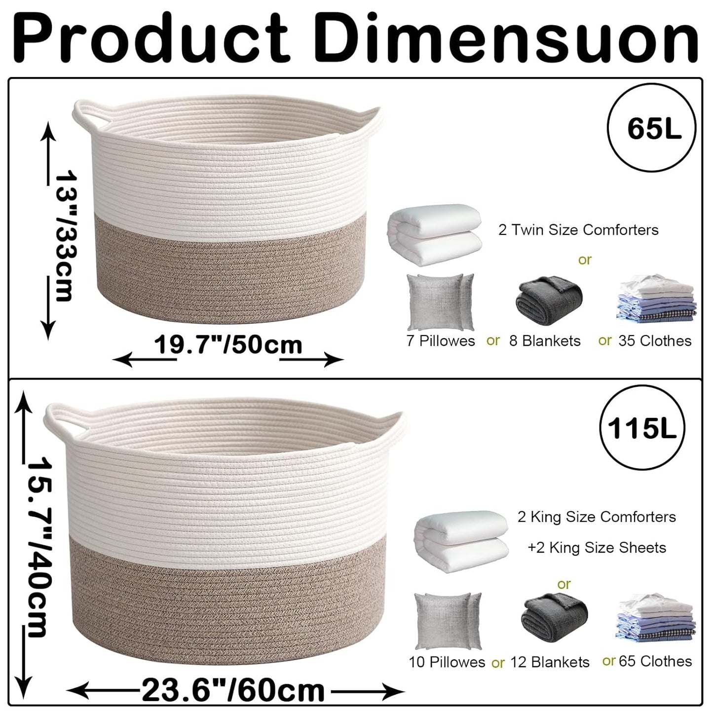 Skiennix 65L Large Woven Cotton Rope Basket - Stylish Laundry Hamper for Bedroom & Living Room | White & Brown