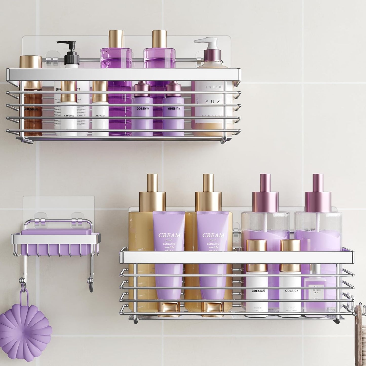 ODesign Shower Caddy - 3 Pack Stainless Steel Wall-Mounted Shelves | No Drilling, Rustproof, Silver