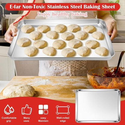 E-far Stainless Steel Cookie Sheet - Large 18”x13” Non-Toxic Baking Pan | Rust-Free & Dishwasher Safe