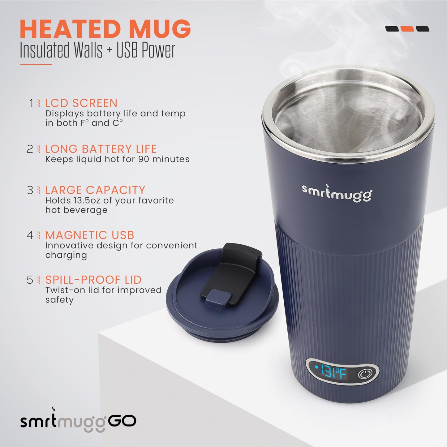 SmrtMugg GO Heated Coffee Mug, Travel Mug, 13.5 OZ. Smart Mug, Battery Powered Heated Coffee Mug, Great for Coffee and Tea, Snap on Magnetic Charging Cord, New and Improved (Navy Blue)