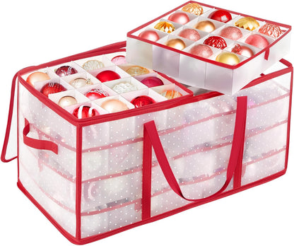 SONGMICS Christmas Ornament Storage Box - Holds 128 3-Inch Balls | 8 Trays, Dual Zippers, Cherry Red