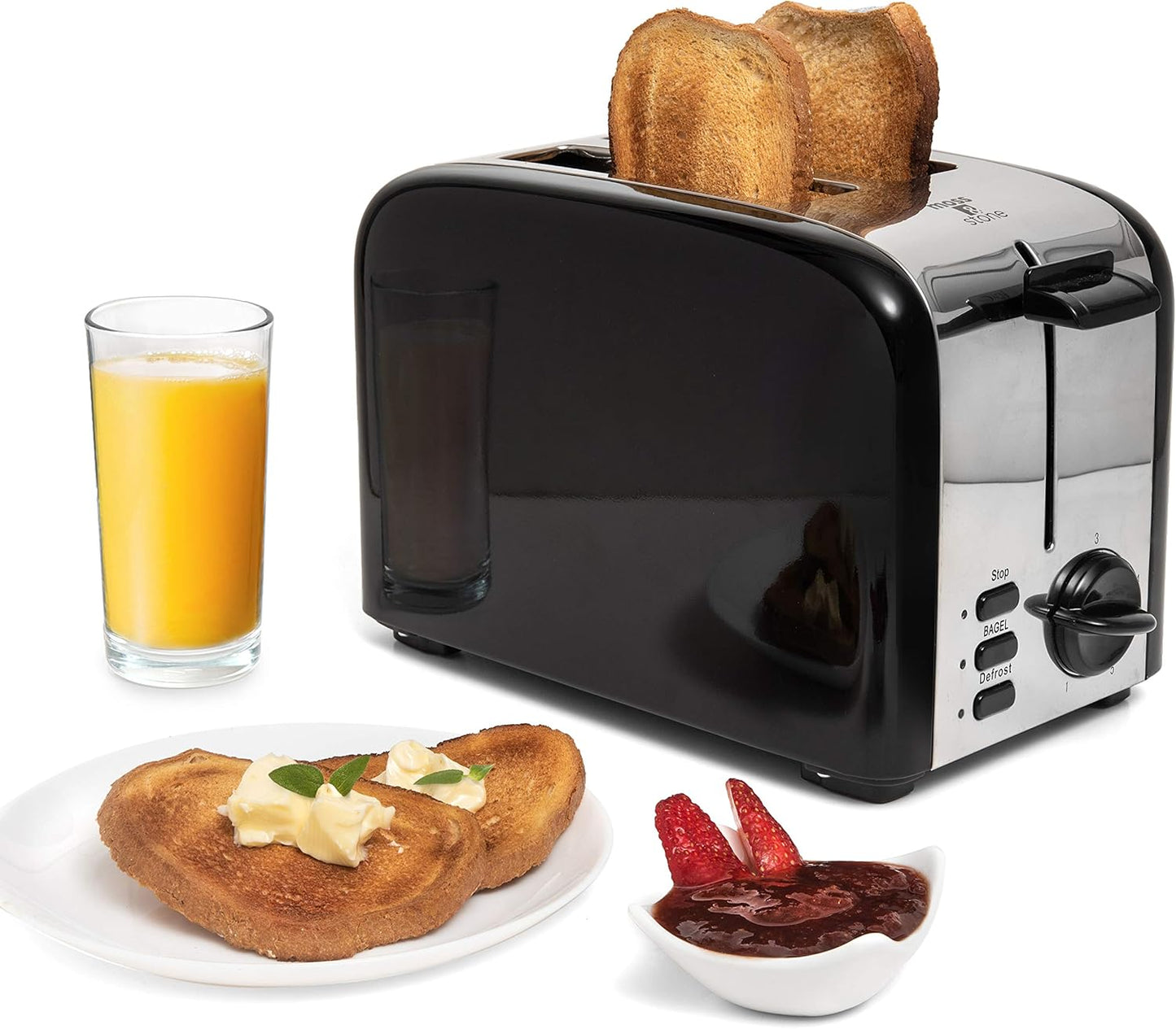 Moss & Stone 2-Slice Toaster - Extra-Wide 1.5-Inch Slots & 5 Shade Settings | Removable Crumb Tray, Black