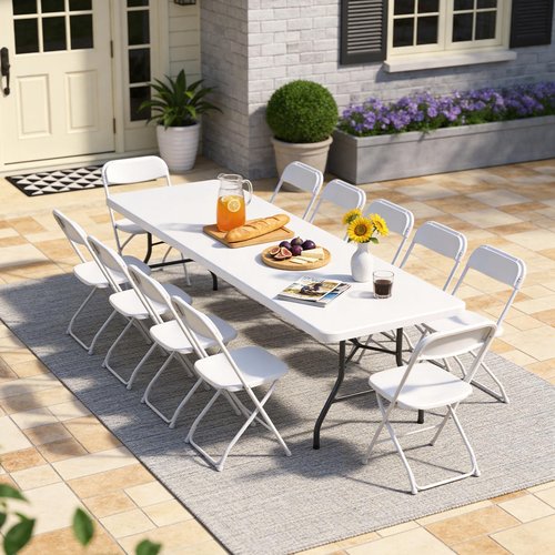MAKE CHANGES 8ft Folding Table, Heavy Duty Plastic Card Table with Foldable Steel Legs, Metal Frame Support up to 800 lb, Portable for Indoor, Outdoor, Picnic, Camping, Dining, Party, White