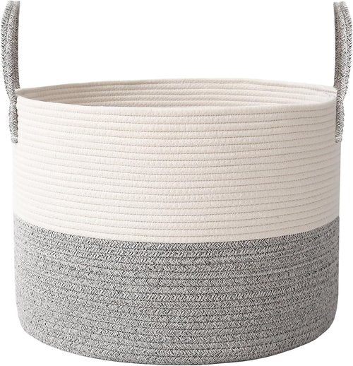 JMvicyroam 65L Extra Large Blanket Basket - Woven Cotton Rope Laundry Hamper with Reinforced Handles | Machine Washable White & Grey Storage Bin for Pillows, Comforters & Toys