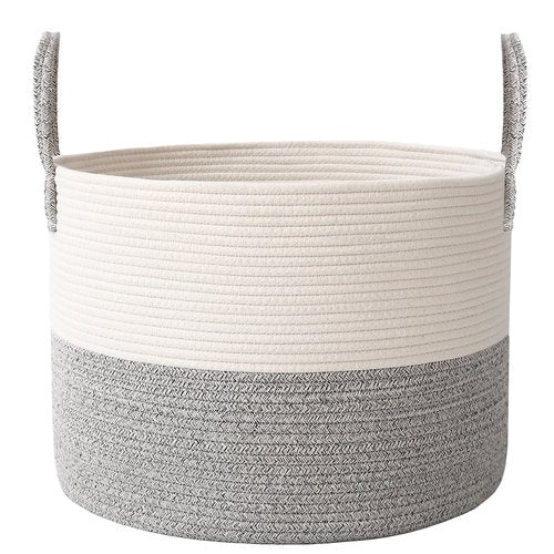 JMvicyroam 65L Extra Large Blanket Basket for Living Room - Woven Cotton Rope Laundry Hamper with Reinforced Handles - Storage Bin for Pillows, Comforters & Toys - Machine Washable,White&Grey