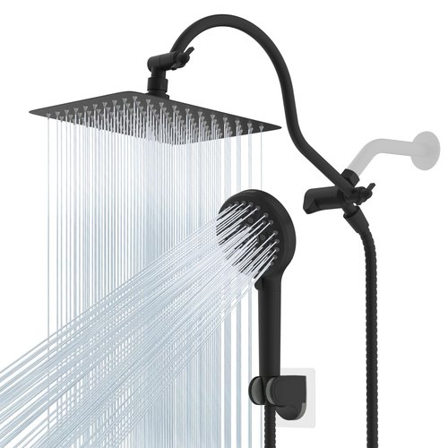 Hibbent All Metal High Pressure Rainfall 10'' Shower Head, CUPC Certified Handheld Showerhead Combo, 12'' Adjustable Shower Extension Arm, 10-Spray, 71'' Hose, Adhesive Showerhead Holder, Matte Black