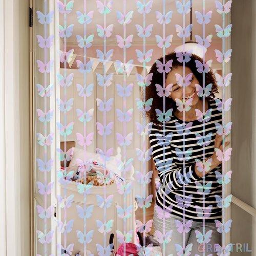 GREATRIL Iridescent Butterfly Fringe Backdrop - Fairy Streamers for Princess Birthday Decor - 3.2ft x 6.5ft | 2 Packs