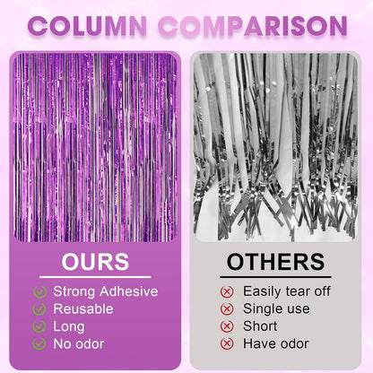 Voircoloria Laser Purple Foil Fringe Backdrop Curtains - 3 Pack Tinsel Streamers for Parties & Events