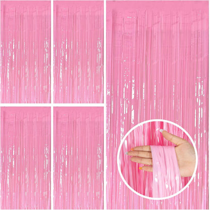 Skiennix 5 Pack Pink Tinsel Curtain - Foil Fringe Backdrop for Birthday & Graduation Parties