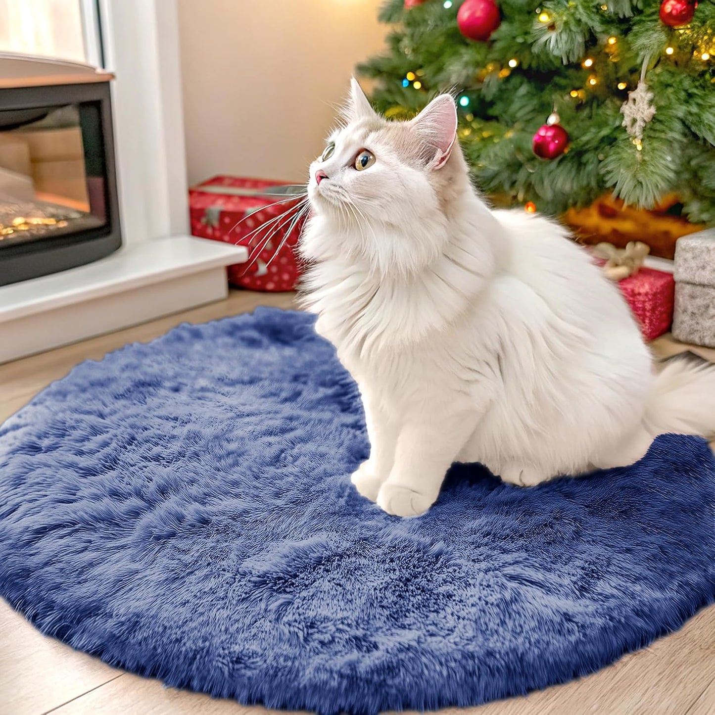 OLANLY Denim Blue Round Rug - Soft, Fluffy, Machine Washable 2 ft Circle Area Rug for Bedroom & Living Room