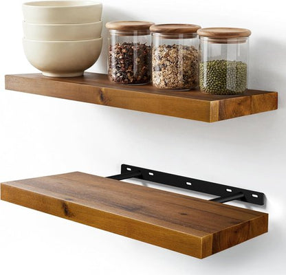 BATODA 17" Acacia Wood Floating Shelves - Rustic Wall-Mounted Storage for Home Décor | Includes Brackets
