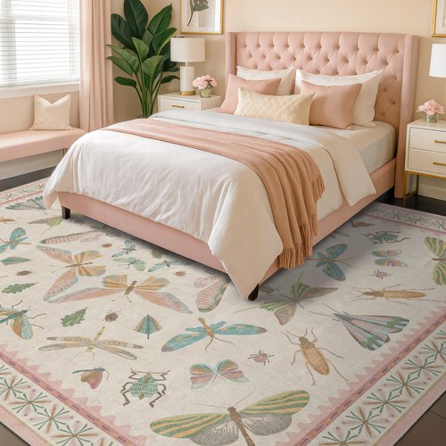 Hazo Haus Floral Pink Rugs for Bedroom Girls 6x9 - Insect Print Cute Girly Rug for Living Room, Dining Room Under Kitchen Table, Washable Low Pile Vintage Bug Art Nouveau Home Decor