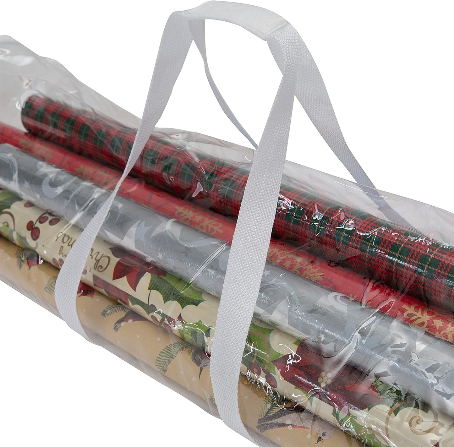 Simplify Clear Gift Wrap Storage Bag - Holds 30" Long Wrapping Paper Rolls | Zipper Closure | Easy Carry Hangers | Red