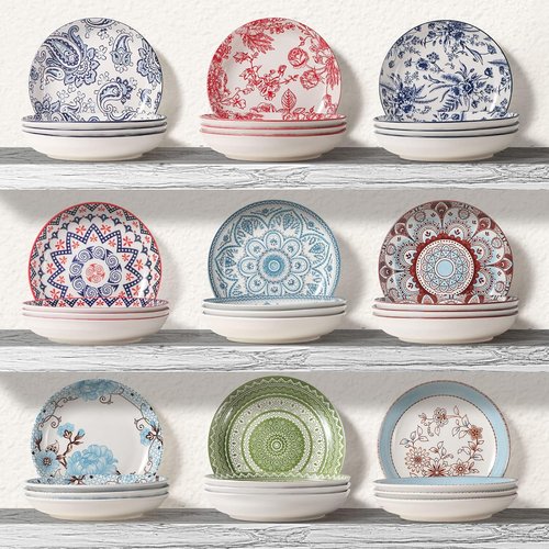 Artena Pasta Bowls Set - 20oz Porcelain Salad Bowls | 8 Inch Colorful Dinner Plates in Blue Peony
