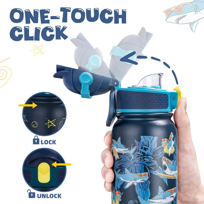 OLDLEY Kids Water Bottle - 12oz Insulated Stainless Steel, Leak-Proof Design | Navy Shark