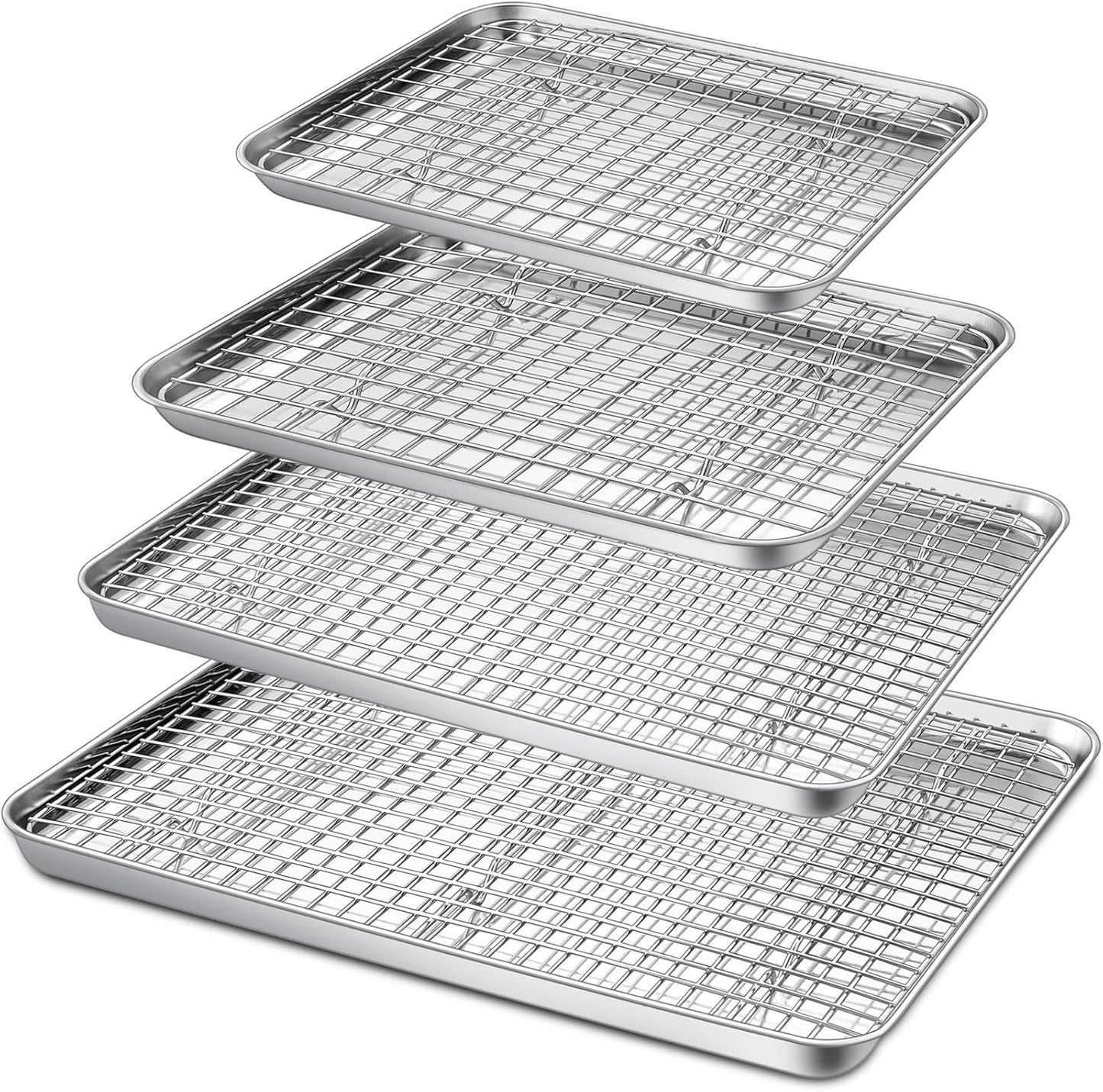 P&P CHEF Baking Sheet Set - 8-Piece Stainless Steel Cookie Trays with Cooling Racks | Oven & Dishwasher Safe, 16-12.5-10.4-9 Inch Sizes