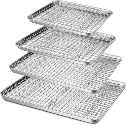 P&P CHEF Baking Sheet Set - 8-Piece Stainless Steel Cookie Trays with Cooling Racks | Oven & Dishwasher Safe, 16-12.5-10.4-9 Inch Sizes