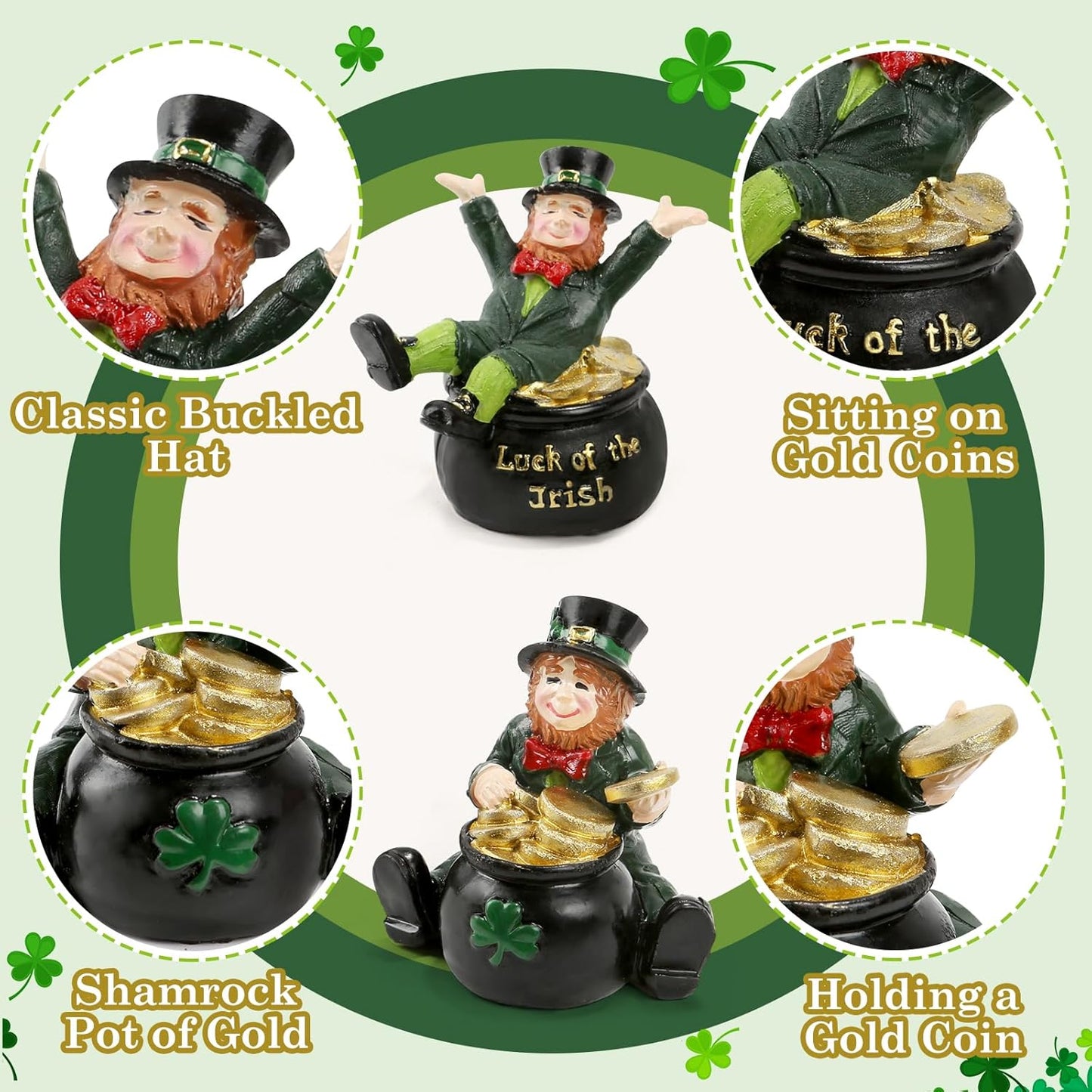 Skiennix St. Patrick's Day Decorations - Lucky Leprechaun Figurines Set of 2 | Resin Statues with Pot of Gold for Home Decor