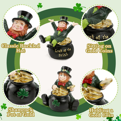 Skiennix St. Patrick's Day Decorations - Lucky Leprechaun Figurines Set of 2 | Resin Statues with Pot of Gold for Home Decor