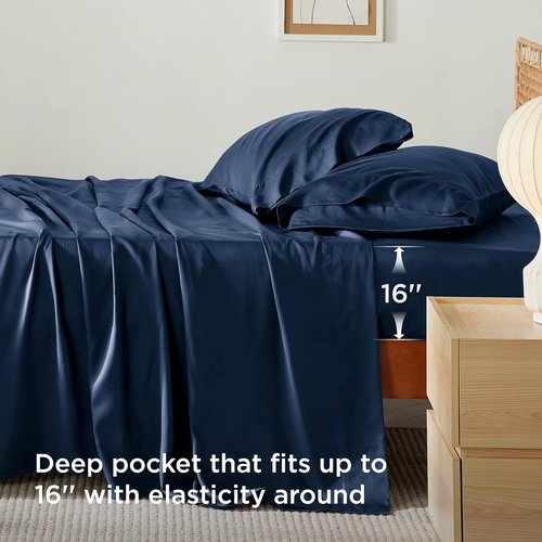 Bedsure Cooling Twin Sheets - Breathable Rayon from Bamboo, Soft & Silky Hotel Luxury Bedding, Navy