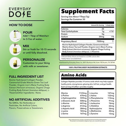 Everyday Dose Mushroom Matcha+ Ceremonial Grade Matcha Powder - Japanese Tea With Grass-Fed Collagen, Lion's Mane, Chaga, L-Theanine - For Better Focus, Energy, Digestion and Immunity - 30 Servings