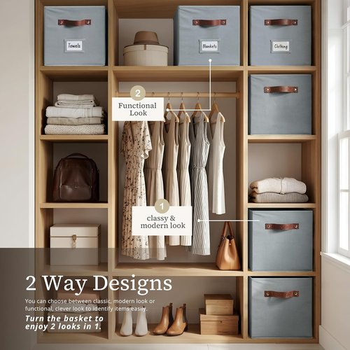 DECOMOMO Storage Bins - Fabric Cube Storage Bins with Labels for Shelves | 10.5" x 11" | Grey (6pcs)