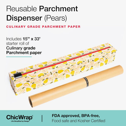 ChicWrap Parchment Paper Dispenser - Unbleached 15"x 33' Roll for Baking & Cooking | Reusable with Slide Cutter