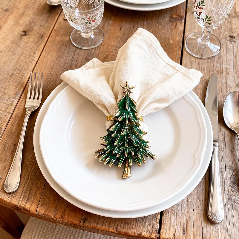 Christmas Tree Napkin Rings Set of 4 - Gold Alloy with Green Enamel & Star Topper (Variation: Christmas Tree + Christmas Tree)