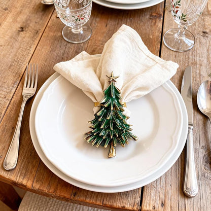 Christmas Tree Napkin Rings Set of 4 - Gold Alloy with Green Enamel & Star Topper (Variation: Christmas Tree + Christmas Tree)
