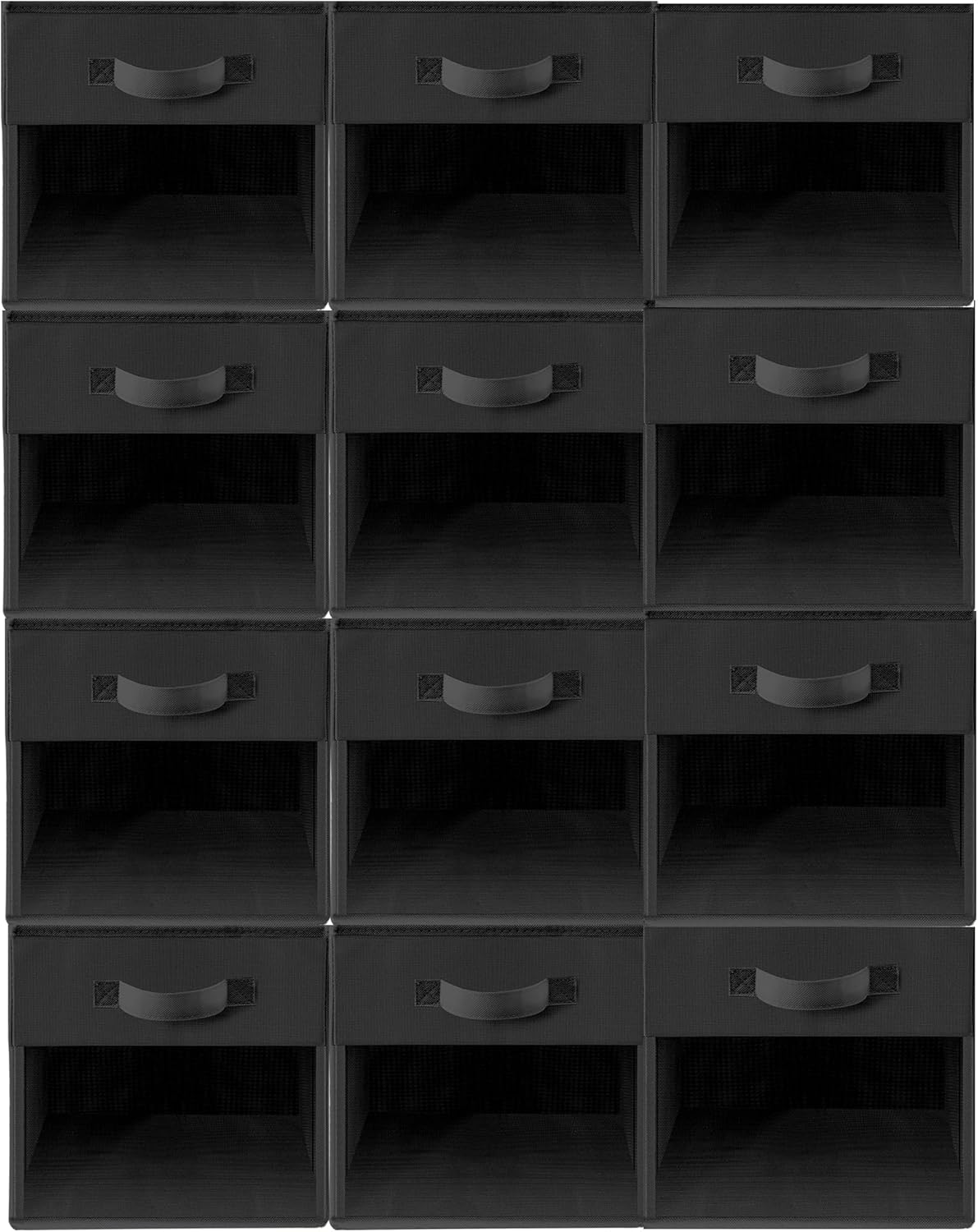 Storage Bins - 11x11 Collapsible Fabric Cubes with Clear Window & Handles | 12-Pack Black Closet Organizers