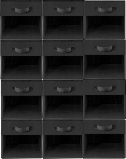 Storage Bins - 11x11 Collapsible Fabric Cubes with Clear Window & Handles | 12-Pack Black Closet Organizers