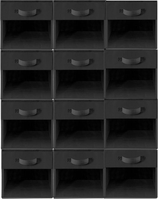 Storage Bins - 11x11 Collapsible Fabric Cubes with Clear Window & Handles | 12-Pack Black Closet Organizers