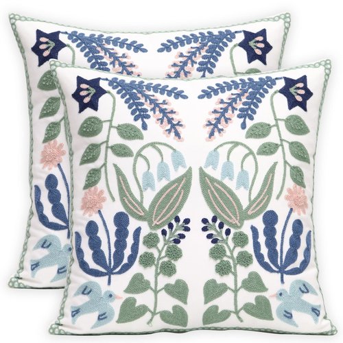 Pilmandu Pack of 2 Embroidered Decorative Throw Pillow Cover 18x18 Inch Farmhouse Floral Pillowcase for Living Room Sofa Bed (Bird Flower)