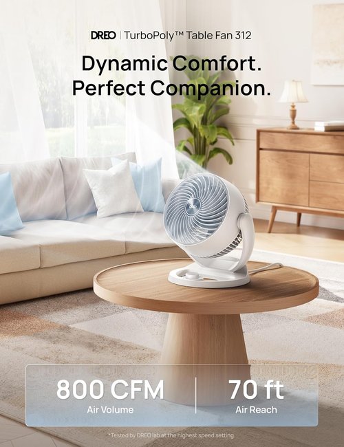 DREO 12-Inch Table Fan - 70ft Powerful Airflow & 25db Quiet Operation | 120° Adjustable Tilt, 3 Speeds