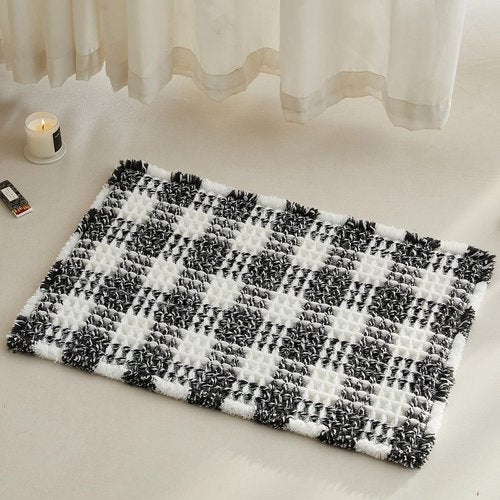TYUU Waffle Bath Mat, Boho Bathroom Rugs Non Slip Washable Absorbent Checkered Bathroom Mat Quick Dry Farmhouse Bathroom Decor, 24"x16" Black and White