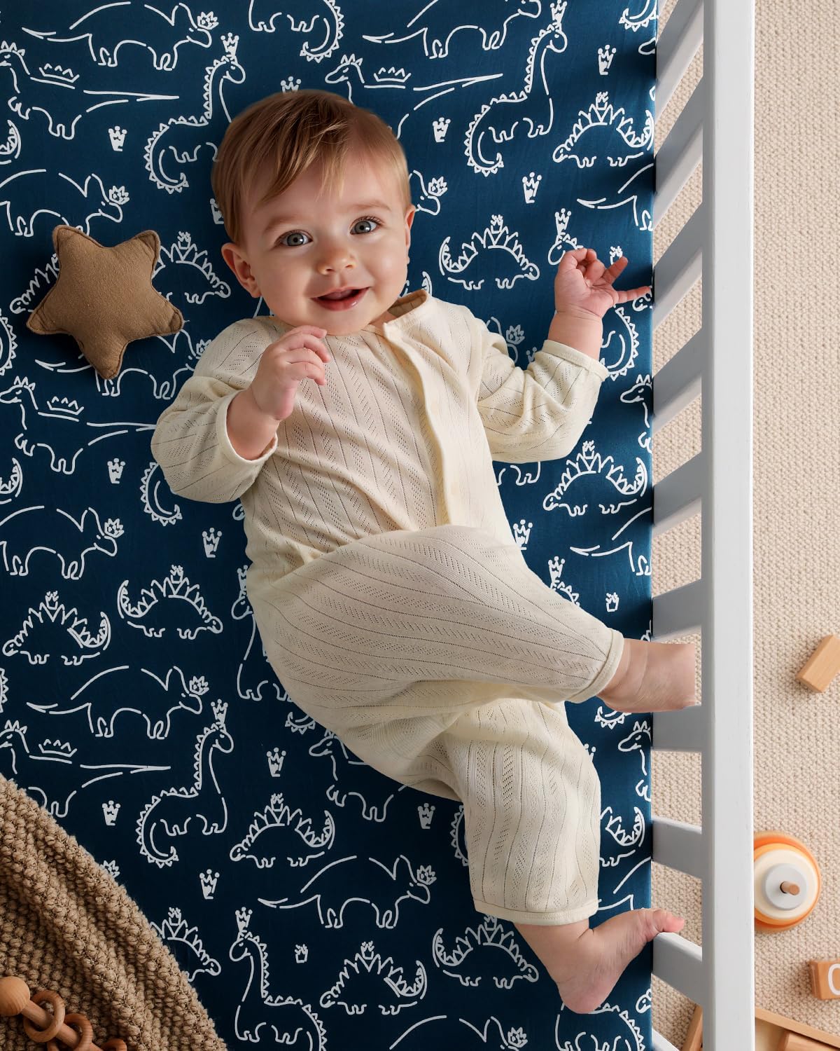 Yoofoss Baby Pack and Play Sheets - Ultra Soft Dark Blue Dinosaur Fitted Mini Crib Sheets | 38x26 Compatible with Graco