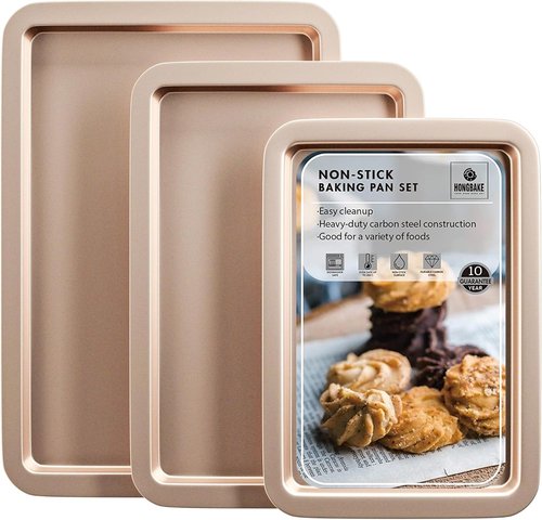 HONGBAKE Nonstick Cookie Sheets Set - Premium Baking Trays with Wider Grips | 3 Pack Half/Jelly Roll/Quarter