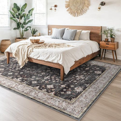 Boho Black Rug for Living Room - Washable 10x12 Area Rug, Dining Room Rugs for Under Table, Soft Low Pile Carpet for Bedroom - Farmhouse Decor, Non-Slip & Stain Resistance