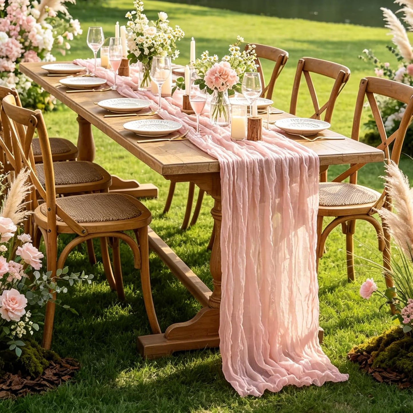 Skiennix Pink Cheesecloth Table Runner - 10FT Dusty Pink Boho Style for Weddings & Events