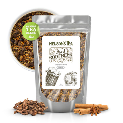 Nelson's Tea - A&J's Root Beer Burdock, Licorice, Dandelion, Chicory, Ginger Root, Sarsaparilla, Birch Bark, Star Anise, Fennel Seed, Cinnamon Chip, Coriander, Cloves, Juniper Berry, Flavoring (4 oz)