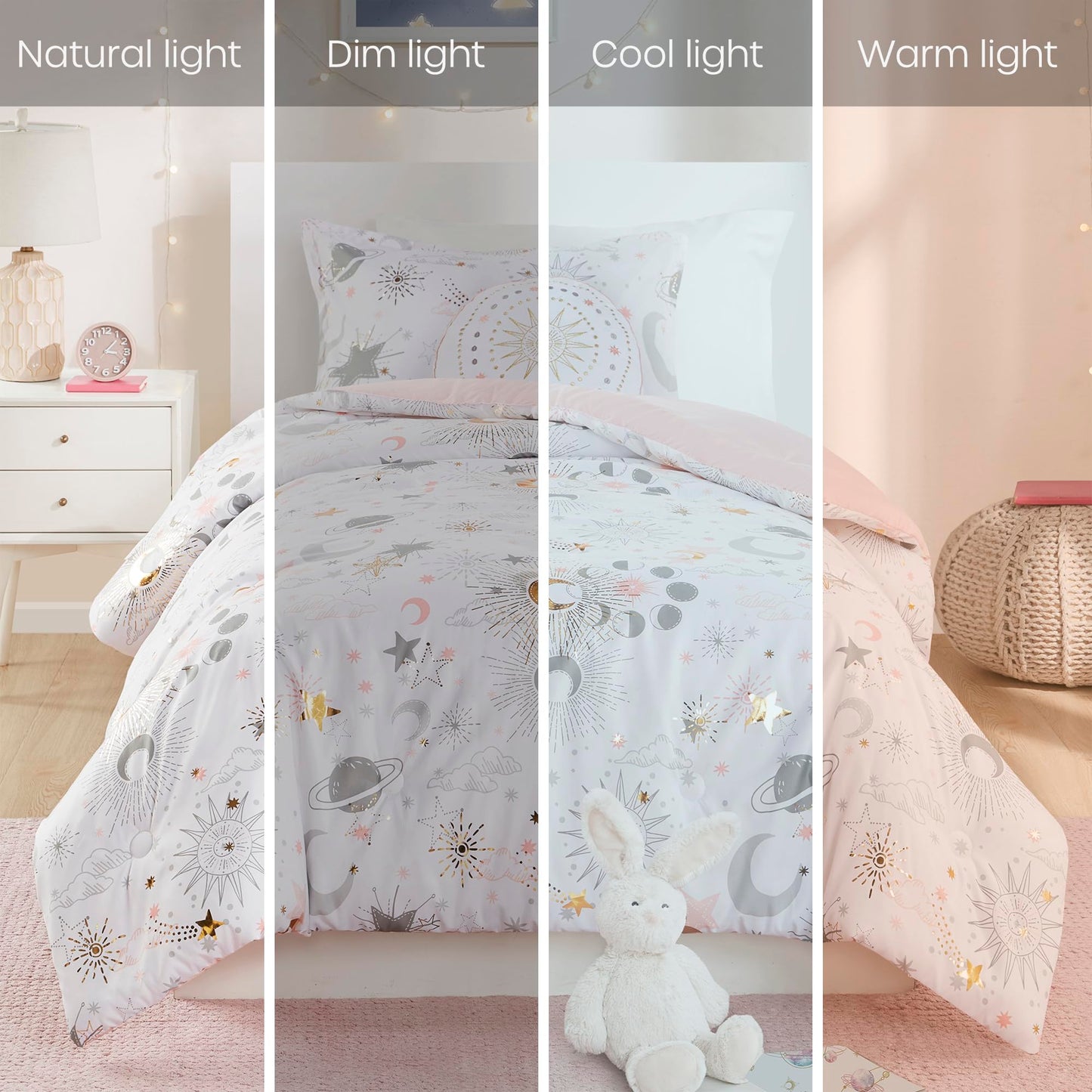 Mi Zone Kids Twin Comforter Set, Celestial Metallic Comforter Set Starry Sky, Moon & Sun Comforters, All Seasons Lightweight & Fluffy Comforter Bed Set, 1 Sham, Celia, Twin, Blush/Gold 3 Piece