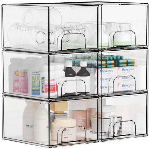 4.4" Tall Small Clear Acrylic Stackable Storage Drawers for Vanity,Under Sink,Bathroom Closet,Medicine Cabinet Organization and Plastic Storage Bins for Organizing Makeup,Baby Bottles,Pacifier,6 PCS