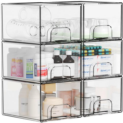 4.4" Tall Small Clear Acrylic Stackable Storage Drawers for Vanity,Under Sink,Bathroom Closet,Medicine Cabinet Organization and Plastic Storage Bins for Organizing Makeup,Baby Bottles,Pacifier,6 PCS