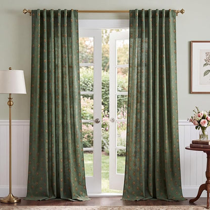 StangH Vintage Green Floral Linen Curtains 84-Inch Long, 2 Panels – Rose on Green Variation