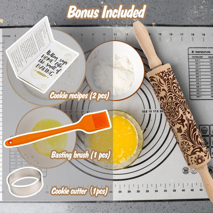 Embossed Rolling Pin for Baking Cookies Christmas Embossing Rolling Pins with Design Wooden Engraved Springerle Roller Pin Dough Patterned Clay Pottery Ceramic Bakers Women (Flower Snowflake Paisley)