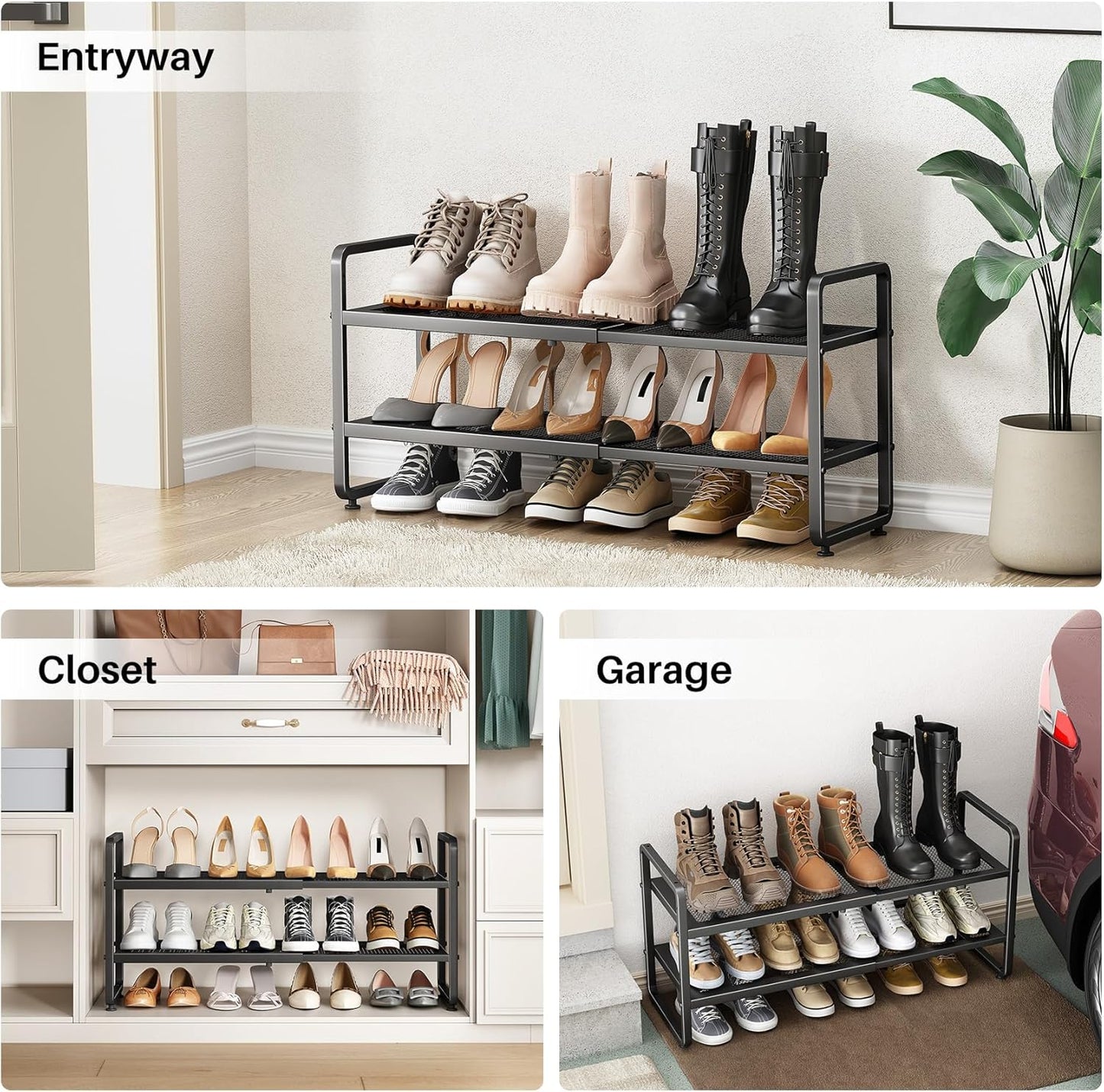 SNTD Shoe Rack - Expandable Adjustable Metal Shoe Organizer | Stackable 2-Tier Storage for Entryway & Garage (Black)