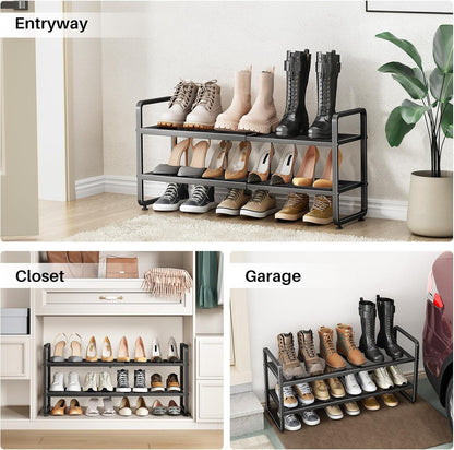 SNTD Shoe Rack - Expandable Adjustable Metal Shoe Organizer | Stackable 2-Tier Storage for Entryway & Garage (Black)