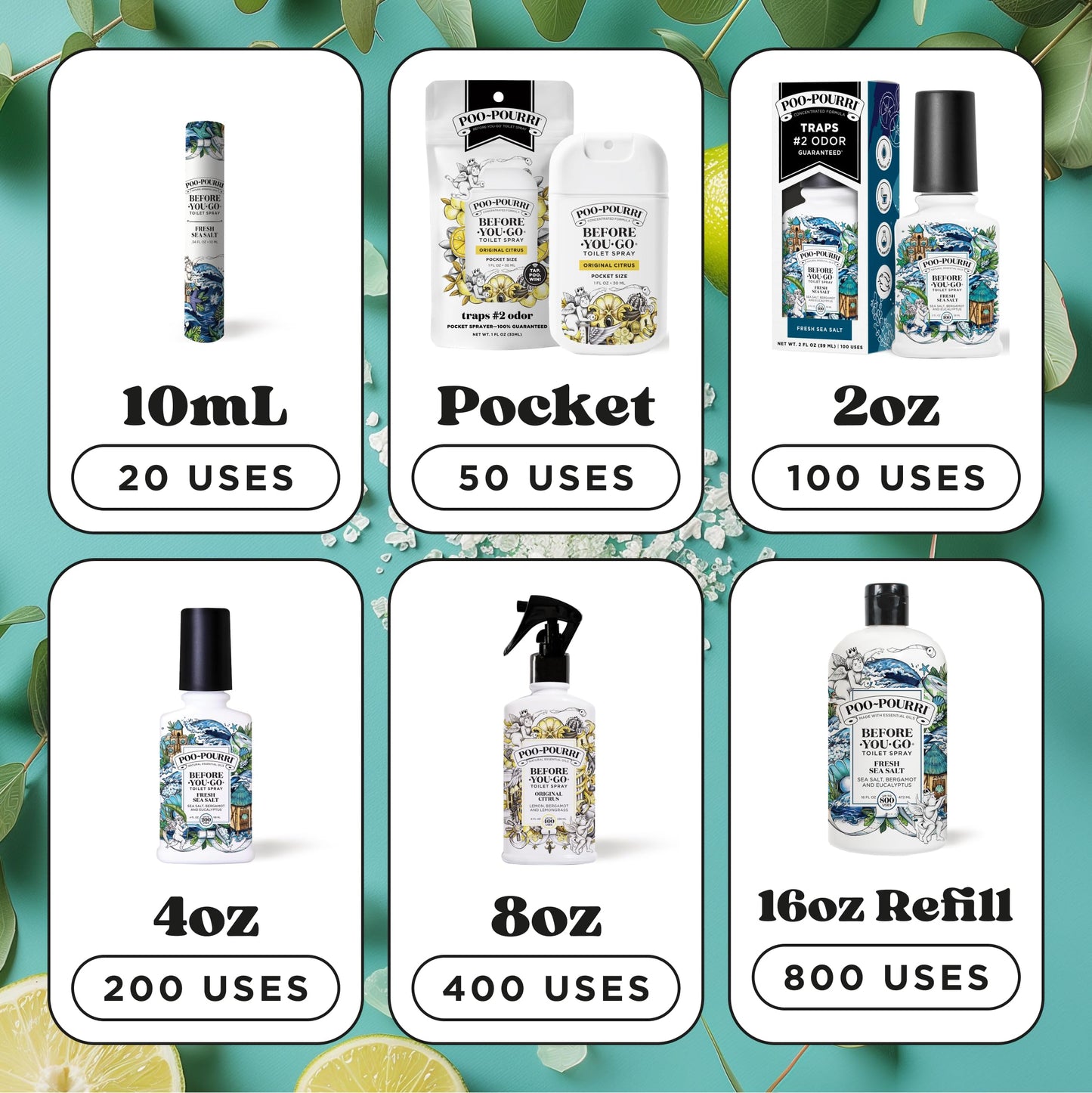 Poo-Pourri Before-You-Go Toilet Spray, Fresh Sea Salt, 2 Fl Oz, Up to 100 Uses, Bathroom Odor Deodorizer with Essential Oils for Home or Work, Travel Essentials, TSA Approved Size, Sea Salt Bergamot