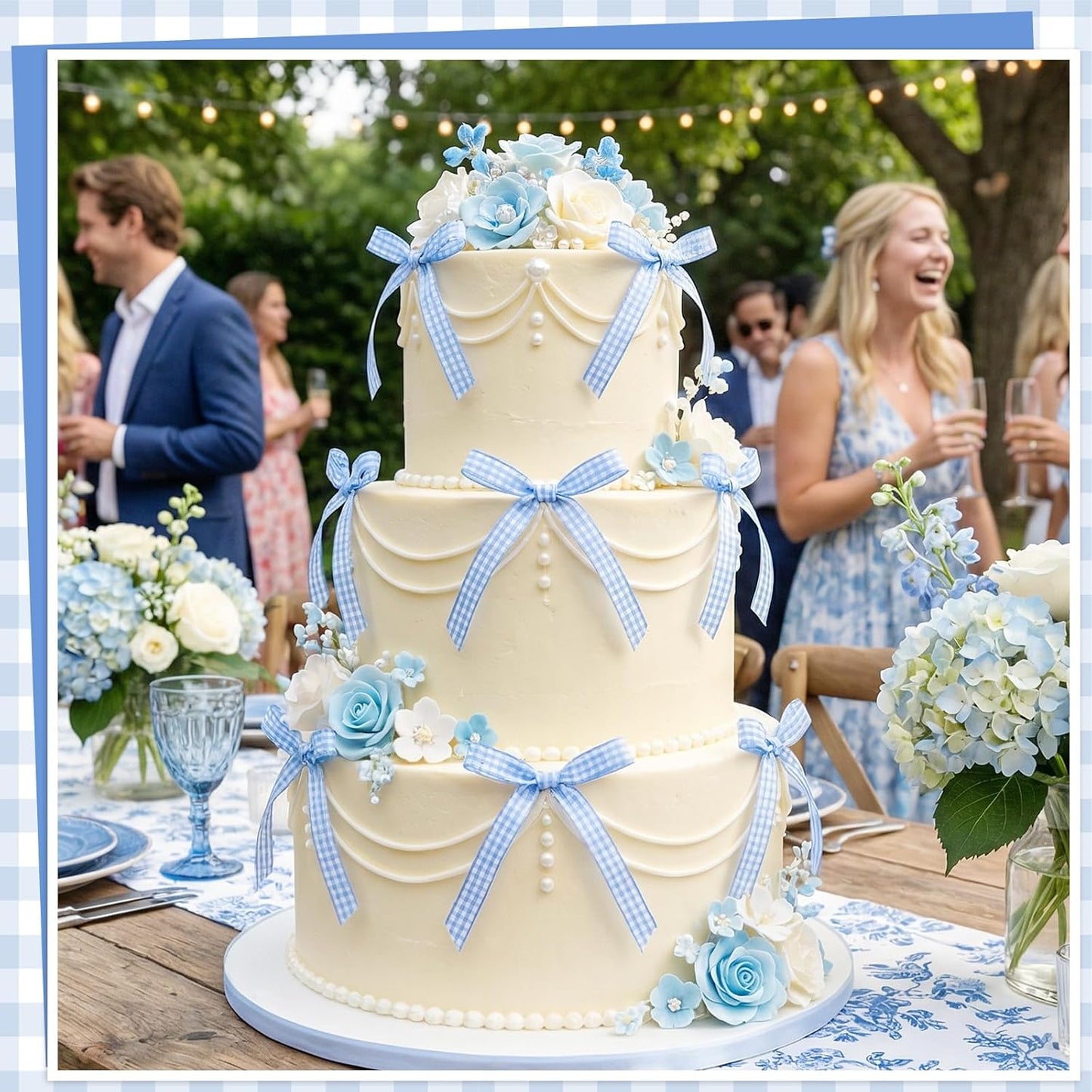 Skiennix 30 Pack Bow Cake Toppers - Blue Gingham Ribbons for Birthday & Baby Shower Decor